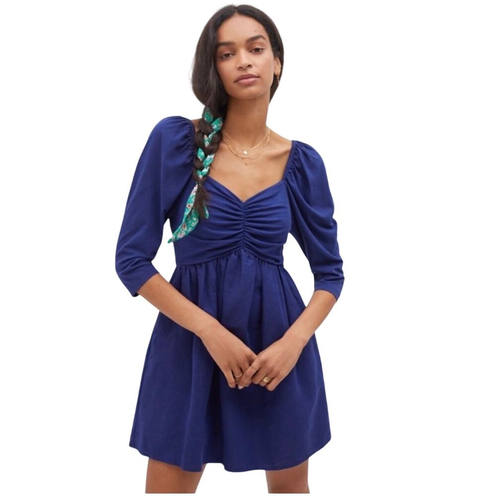 Anthro forever that girl navy puff sleeve ruched linen mini dress a line